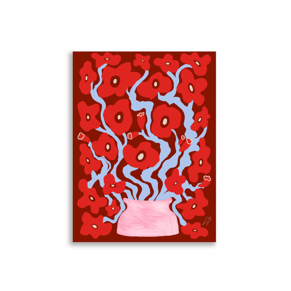 Red Red Poppies Poster floral wall art with poppy illustration in red and blue tones 30x40 cm