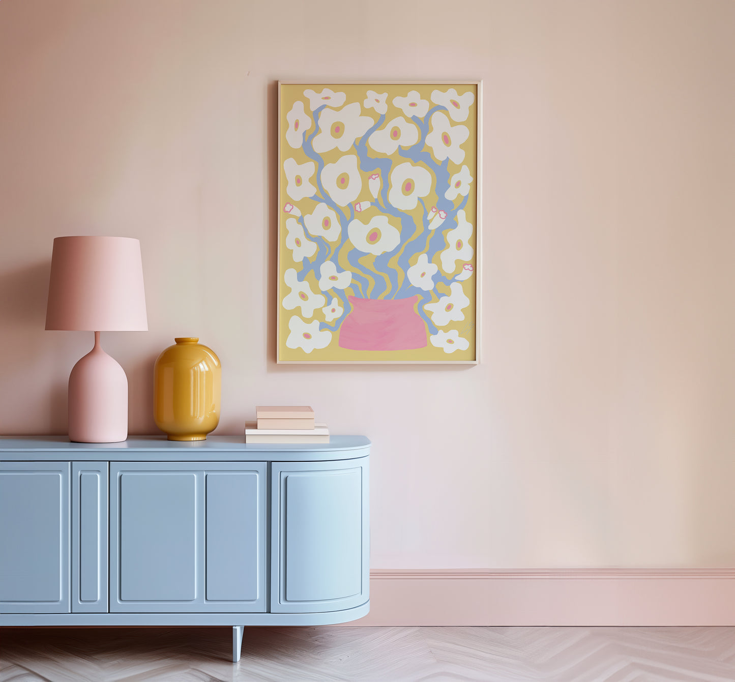 White_and_Gold_Poppies_50x70cm_floral_wall_art_in_living_room_with_light_blue_sideboard_pink_lamp_and_yellow_vase