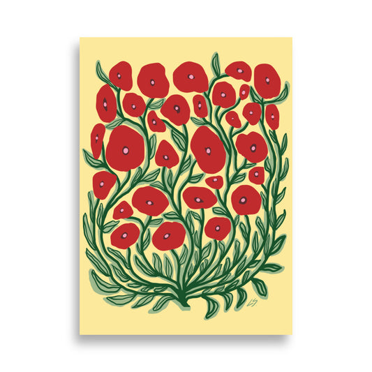 Wild Poppies Poster floral wall art with poppy illustration in red yellow and green 50x70 cm
