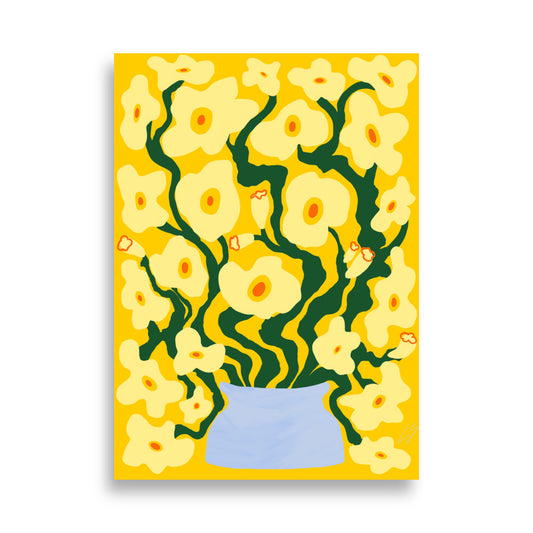 Yellow Yellow Poppies Poster floral wall art with poppy illustration in yellow and green tones 50x70 cm