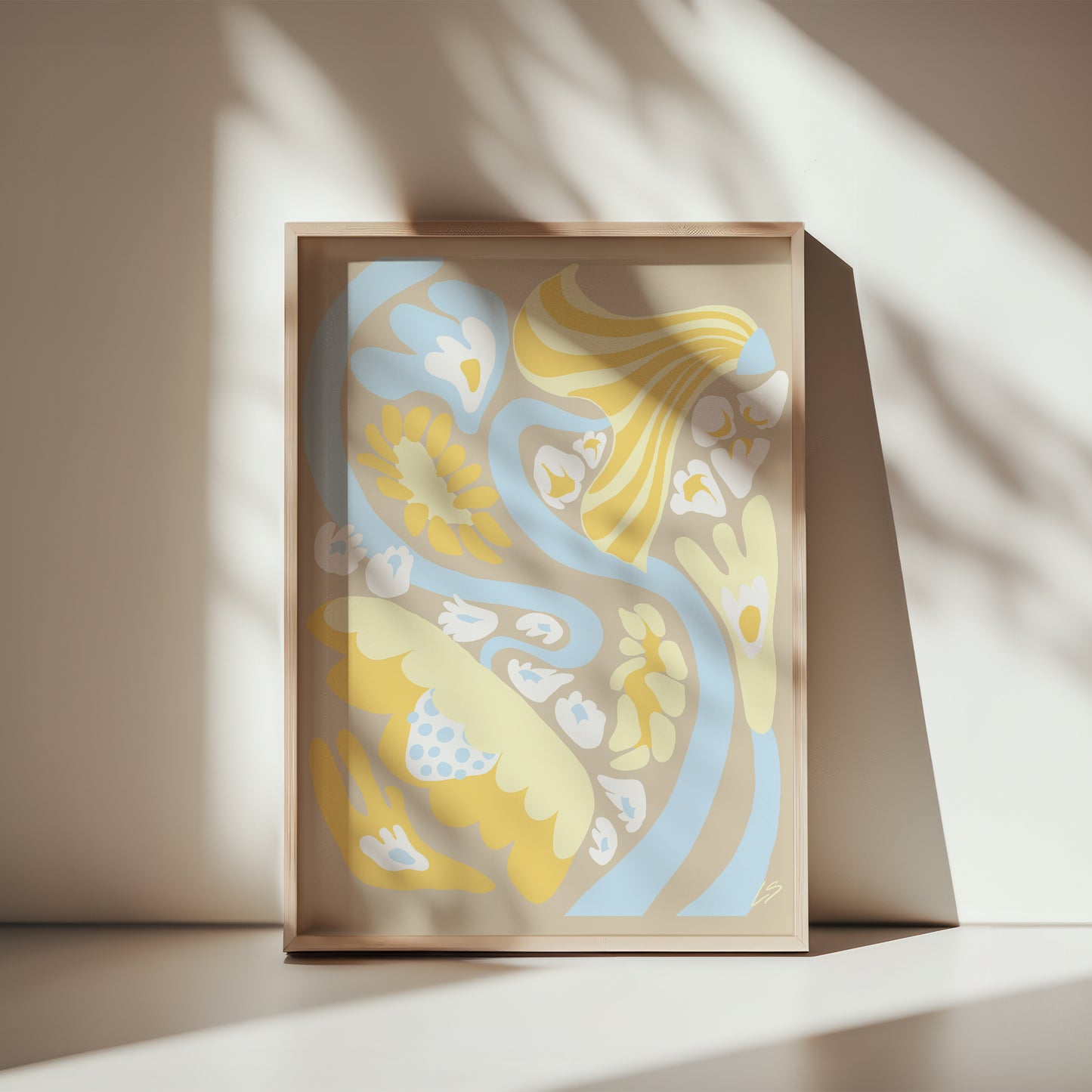 Beige Swirl Poster in wooden frame leaning against wall with sunlight and window shadows, modern interior styling 30x40 cm