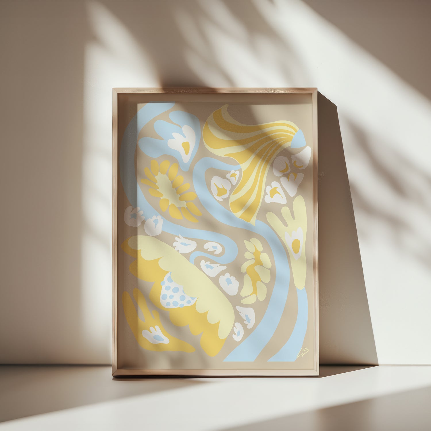 Beige Swirl Poster in wooden frame leaning against wall with sunlight and window shadows, modern interior styling 30x40 cm