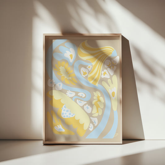 Beige Swirl Poster in wooden frame leaning against wall with sunlight and window shadows, modern interior styling 30x40 cm
