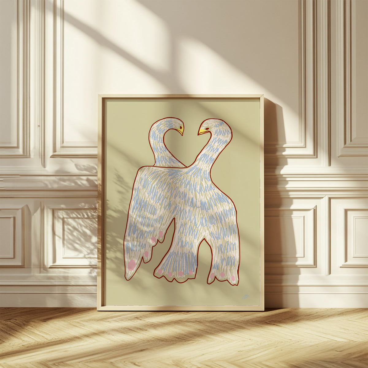 Fågel poster med en fågel som skyddar sin unge under vingen. Ett varmt motiv om trygghet, närhet och omtanke 50x70cm