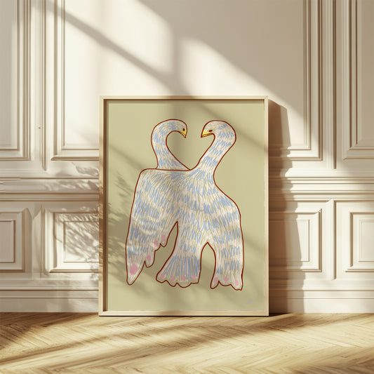 Fågel poster med en fågel som skyddar sin unge under vingen. Ett varmt motiv om trygghet, närhet och omtanke 50x70cm