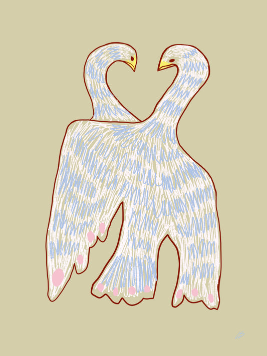 Fågel poster med en fågel som skyddar sin unge under vingen. Ett varmt motiv om trygghet, närhet och omtanke 30x40cm