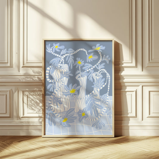Blue_hepatica_poster_50x70cm_leaning_against_wall_with_ornate_wall_molding_and_herringbone_floor