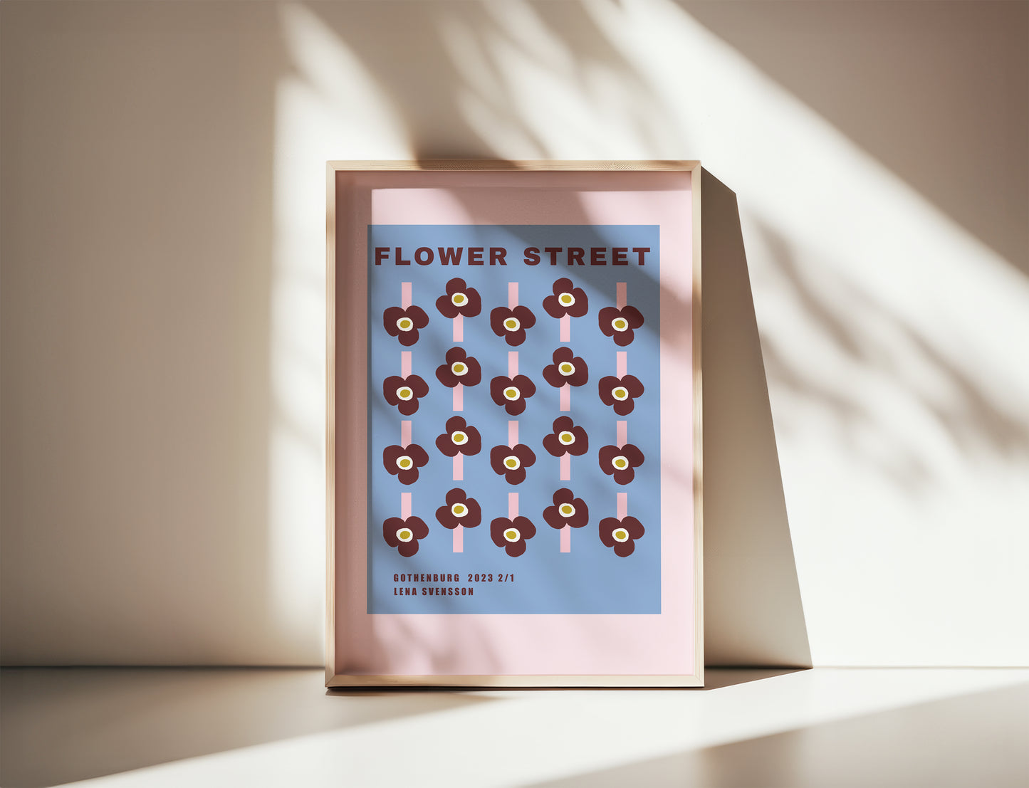 Flower Street poster 30x40 cm leaning against wall in modern interior
