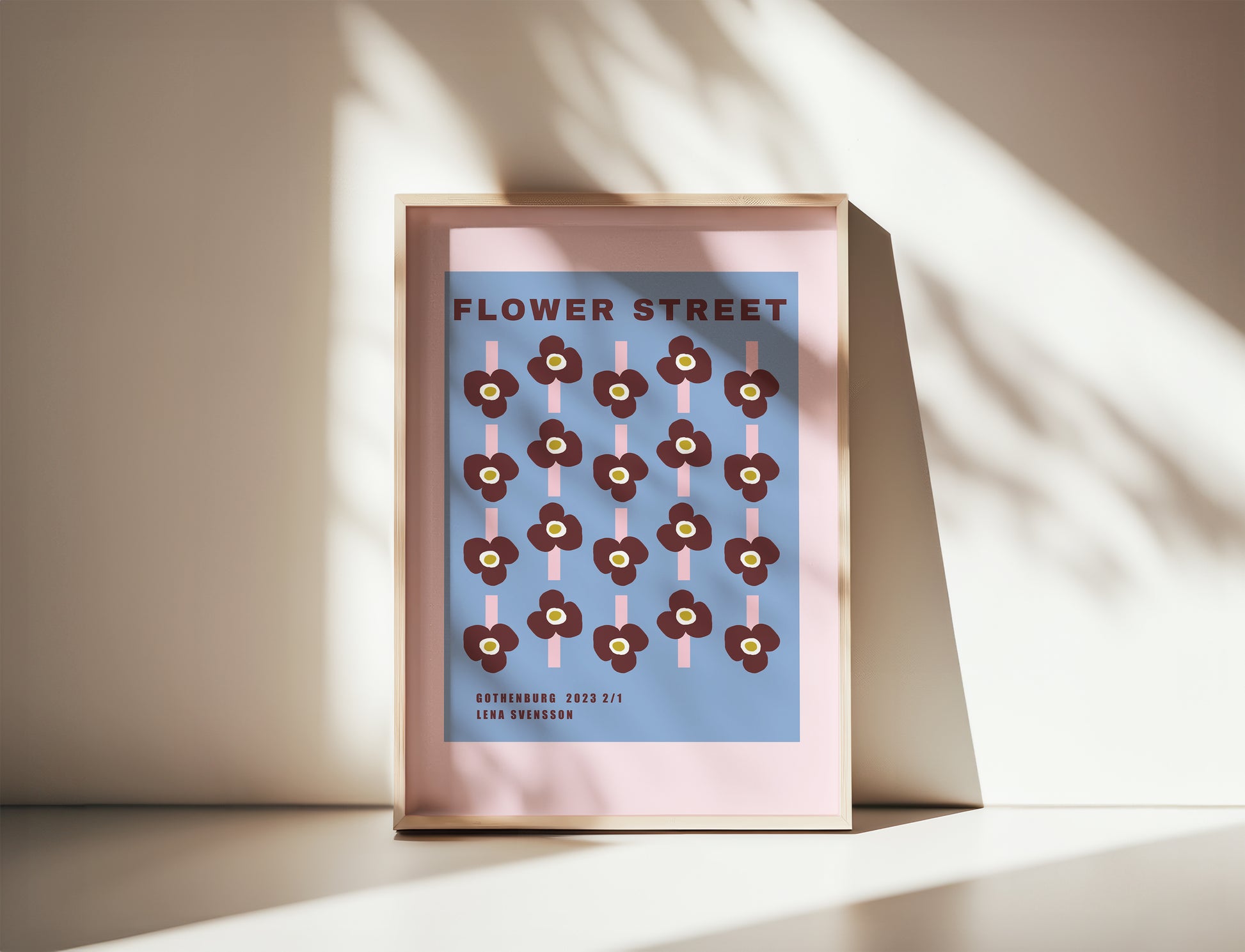 Flower Street poster 30x40 cm leaning against wall in modern interior

