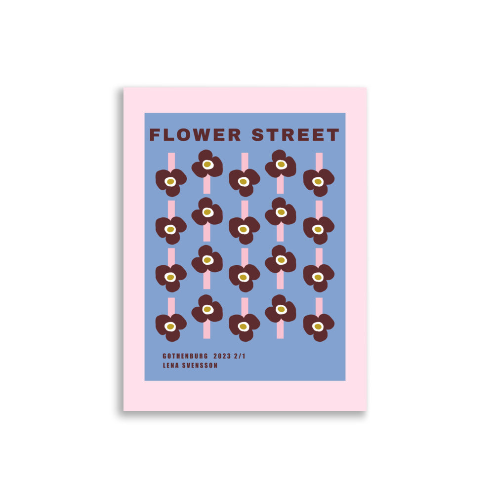 Flower Street Poster colorful graphic wall art with happy vibrant flowers in blue pink and red 30x40 cm