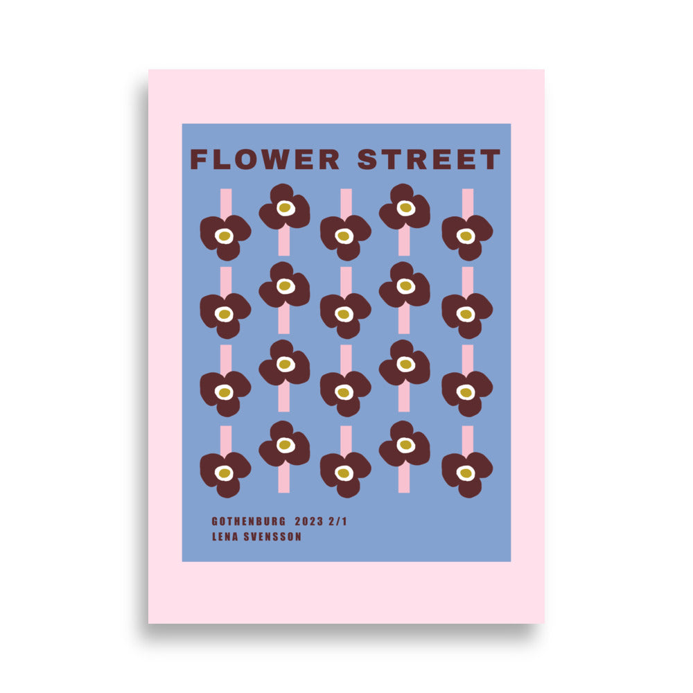Flower Street Poster colorful graphic wall art inspired by flower markets in blue pink and deep red 50x70 cm