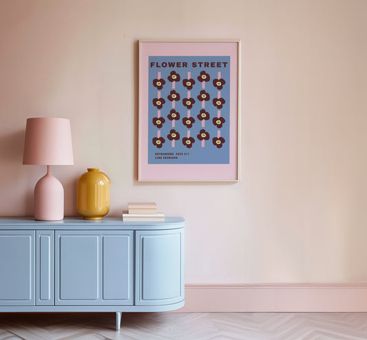 Flower Street Poster colorful graphic wall art with stylized flowers in blue pink and deep red tones 50x70 cm