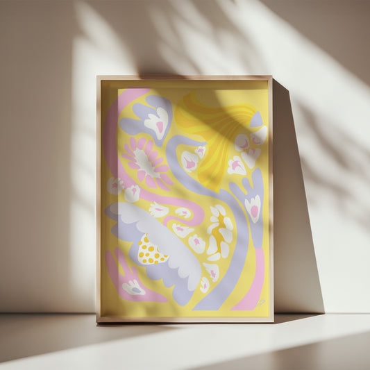 Orange Swirl Poster in wooden frame leaning against white wall - abstract wall art with organic flowing flowers in orange and warm tones - modern Scandinavian interior styling 30x40 cm