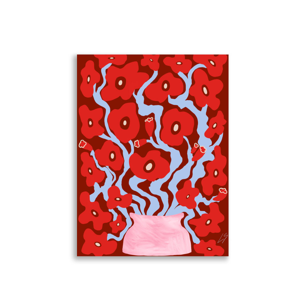 Red Red Poppies Poster floral wall art with poppy illustration in red and blue tones 30x40 cm