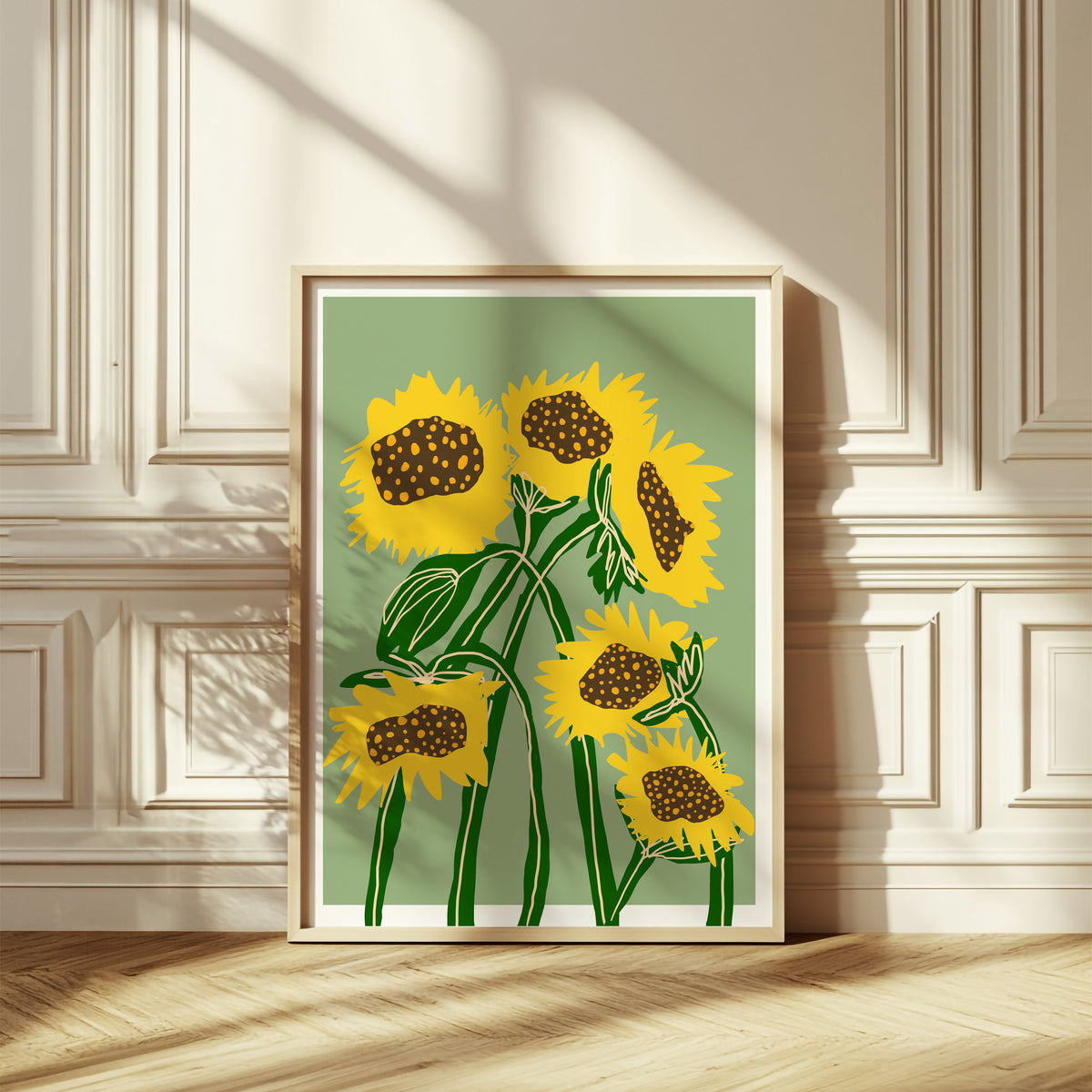 Sunflower Green poster in vintage living room with ornate wall molding and herringbone floor
