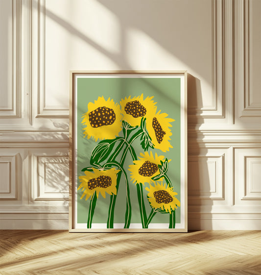 Sunflower Green poster in vintage living room with ornate wall molding and herringbone floor
