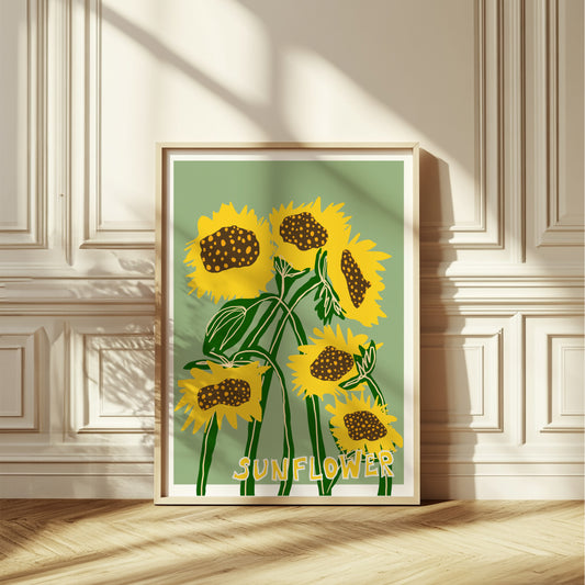 Sunflower Poster in wooden frame leaning against wall, antique interior styling 50x70 cm