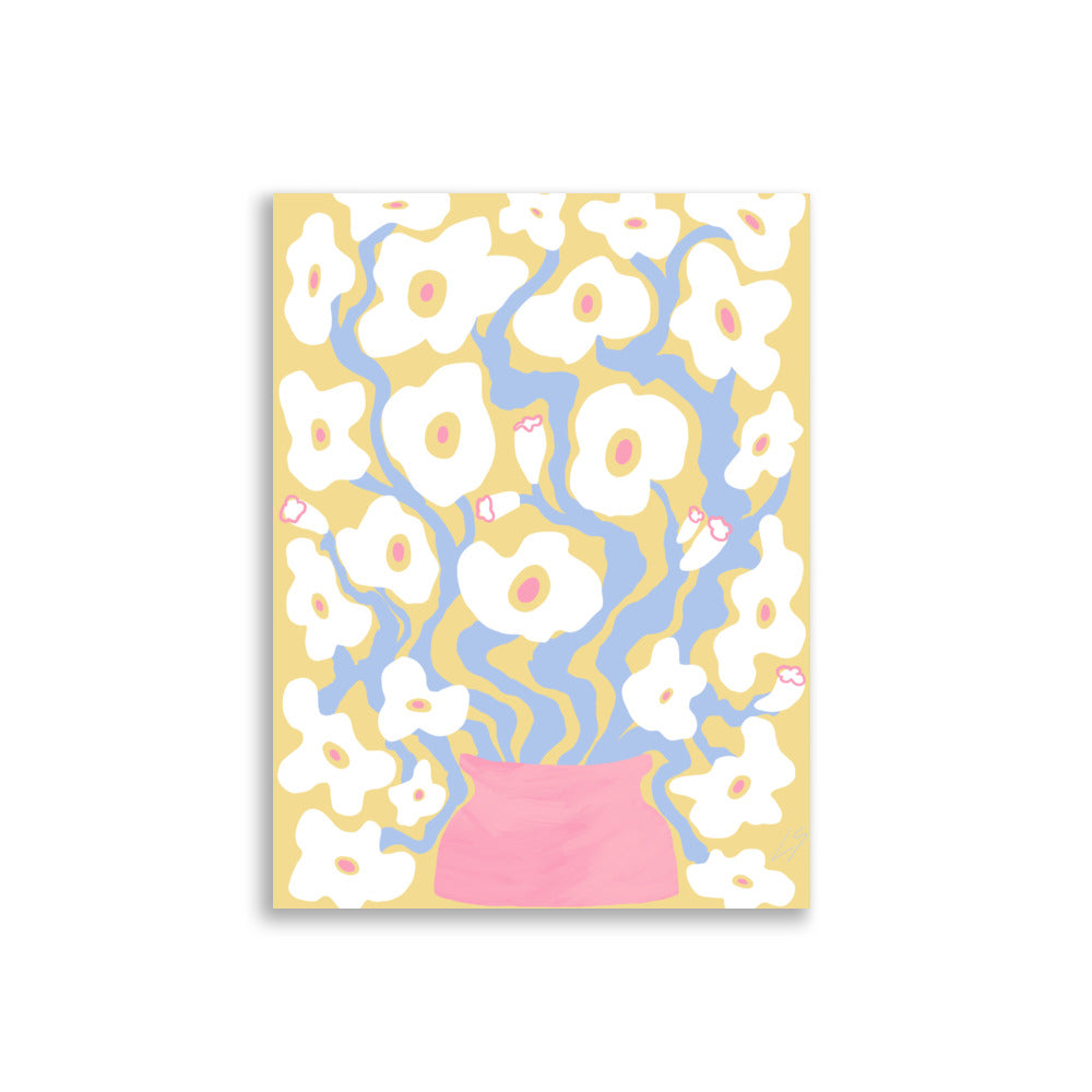 White and Gold Poppies Poster floral wall art with flowing feminine design in white, gold, blue and pink tones 30x40 cm