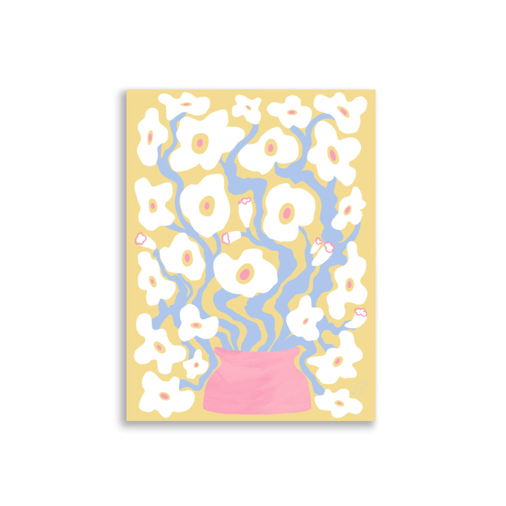 White and Gold Poppies Poster floral wall art with flowing feminine design in white, gold, blue and pink tones 30x40 cm