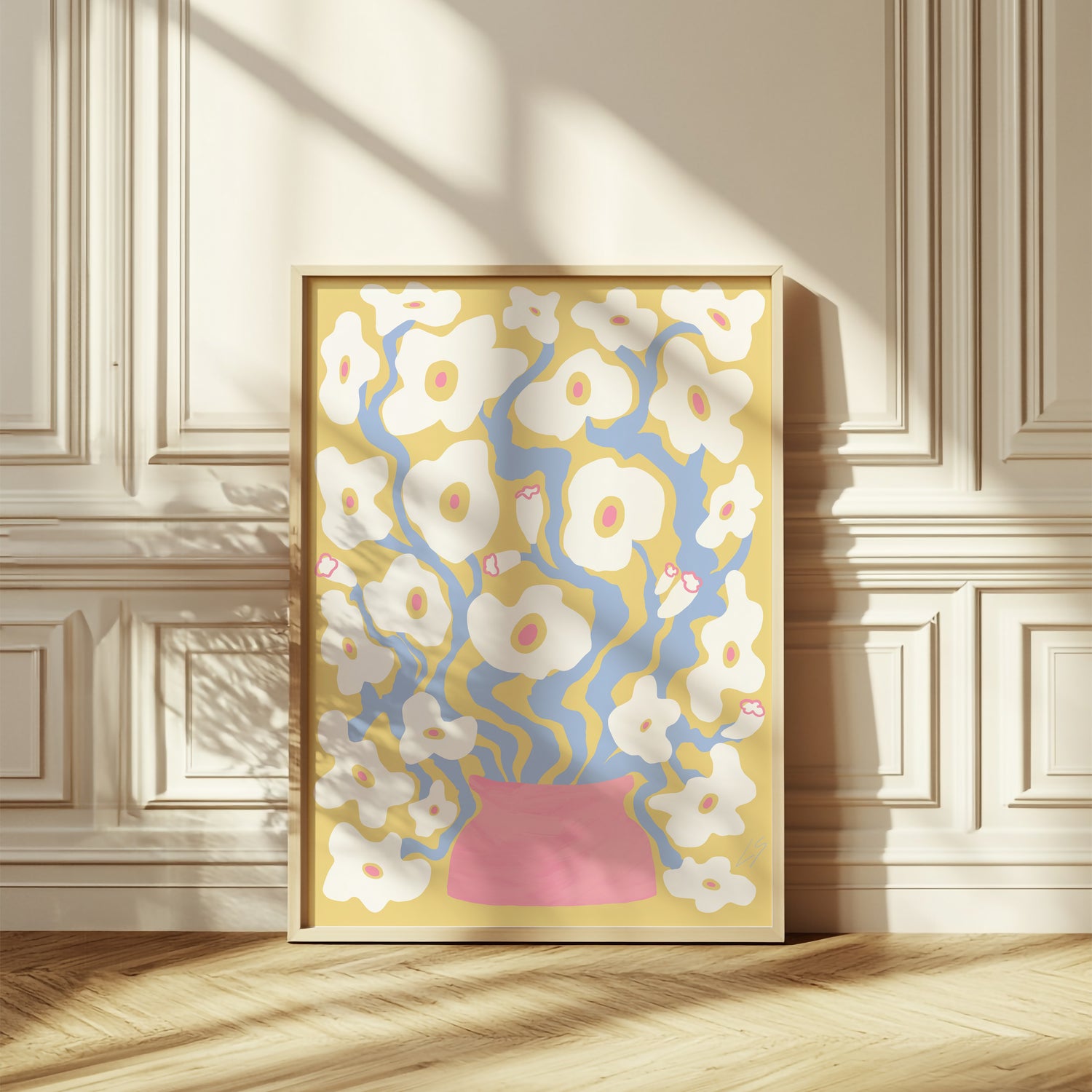 White_and_Gold_Poppies_poster_50x70cm_leaning_against_wall_with_ornate_wall_molding_and_herringbone_floor