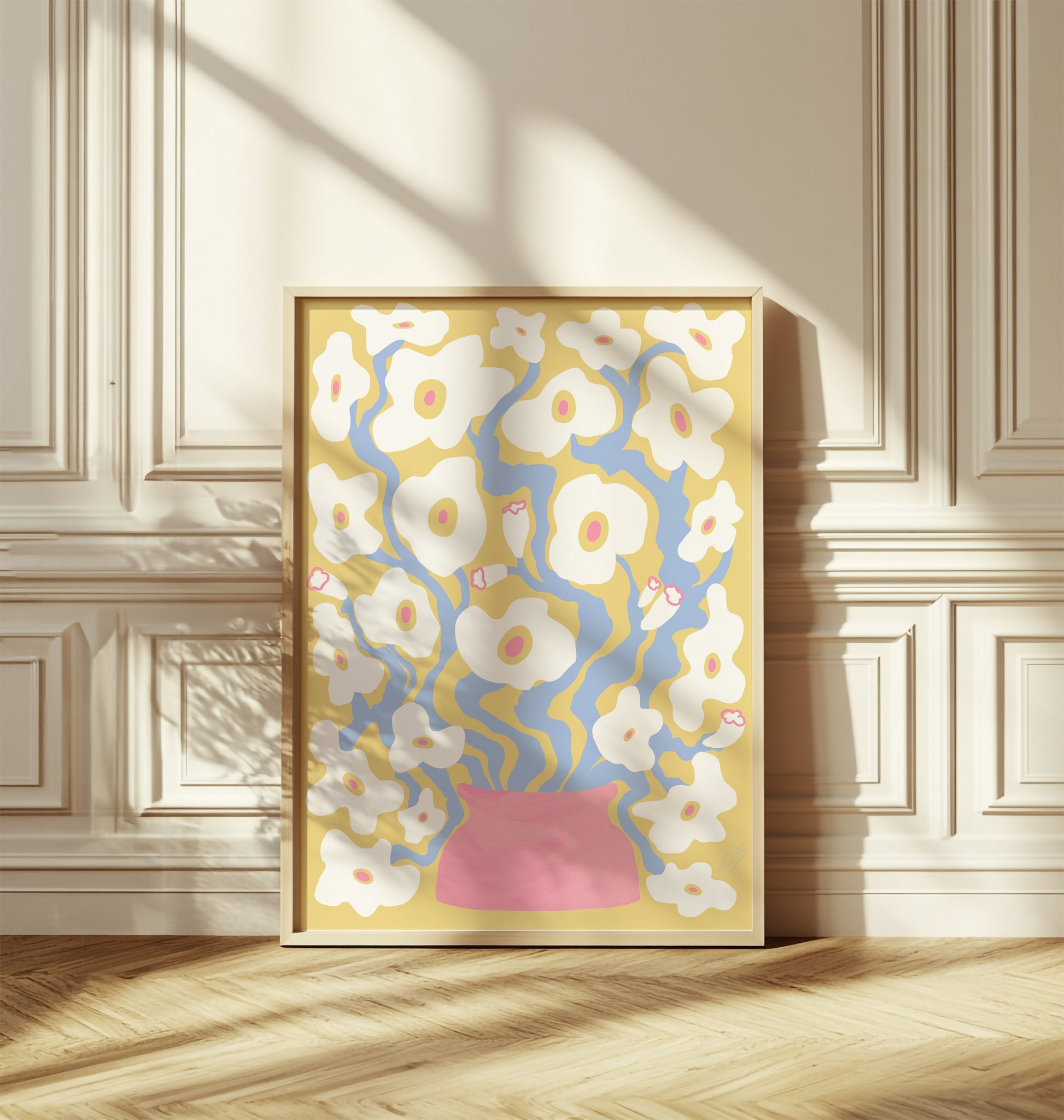 White_and_Gold_Poppies_poster_50x70cm_leaning_against_wall_with_ornate_wall_molding_and_herringbone_floor