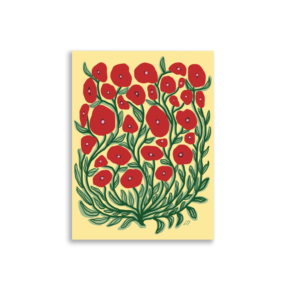 Wild Poppies Poster floral wall art with poppy illustration in red yellow and green 30x40 cm