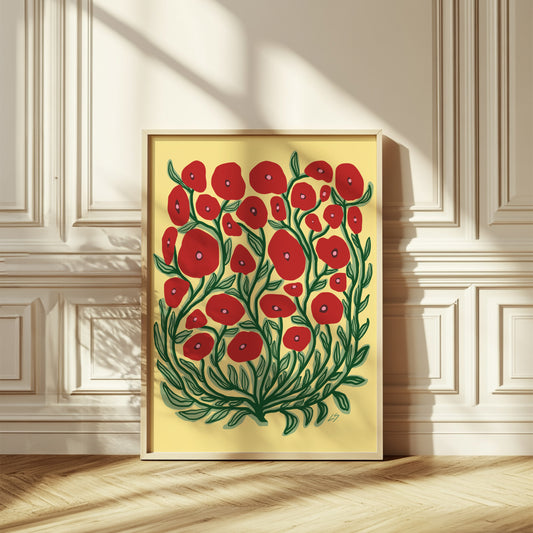 Wild_Poppies_poster_50x70cm_leaning_against_wall_with_ornate_wall_molding_and_herringbone_floor