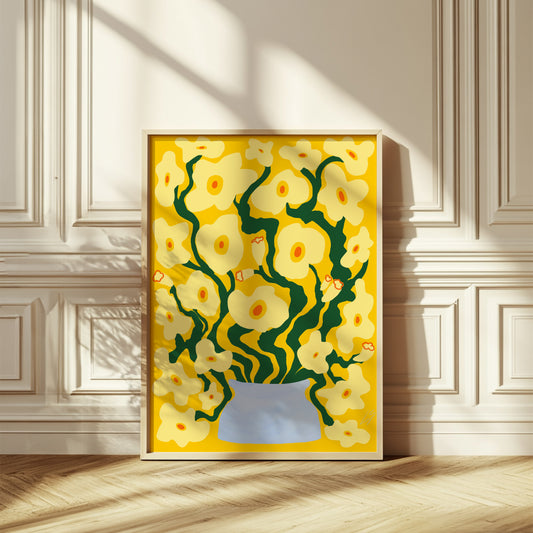 Yellow_yellow_Poppies_poster_50x70cm_leaning_against_wall_with_ornate_wall_molding_and_herringbone_floor